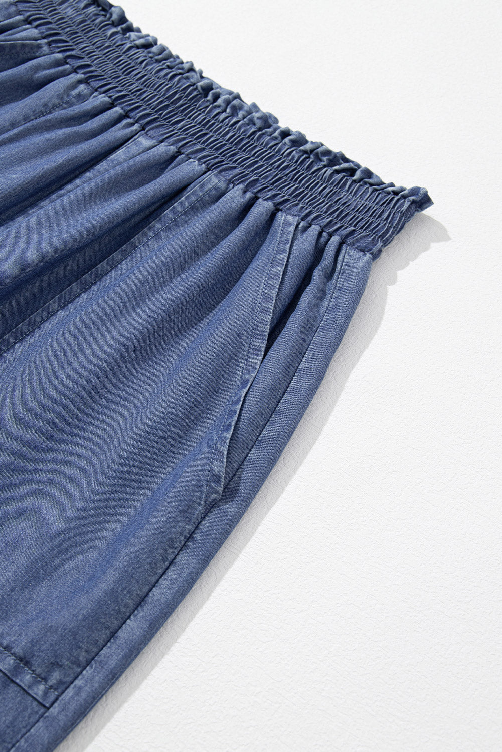 Sky Blue Side Pockets Frilled Smocked High Waist Wide Leg Jeans Bottoms JT's Designer Fashion