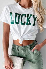 White LUCKY Printed Round Neck St Patricks T Shirt Graphic Tees JT's Designer Fashion