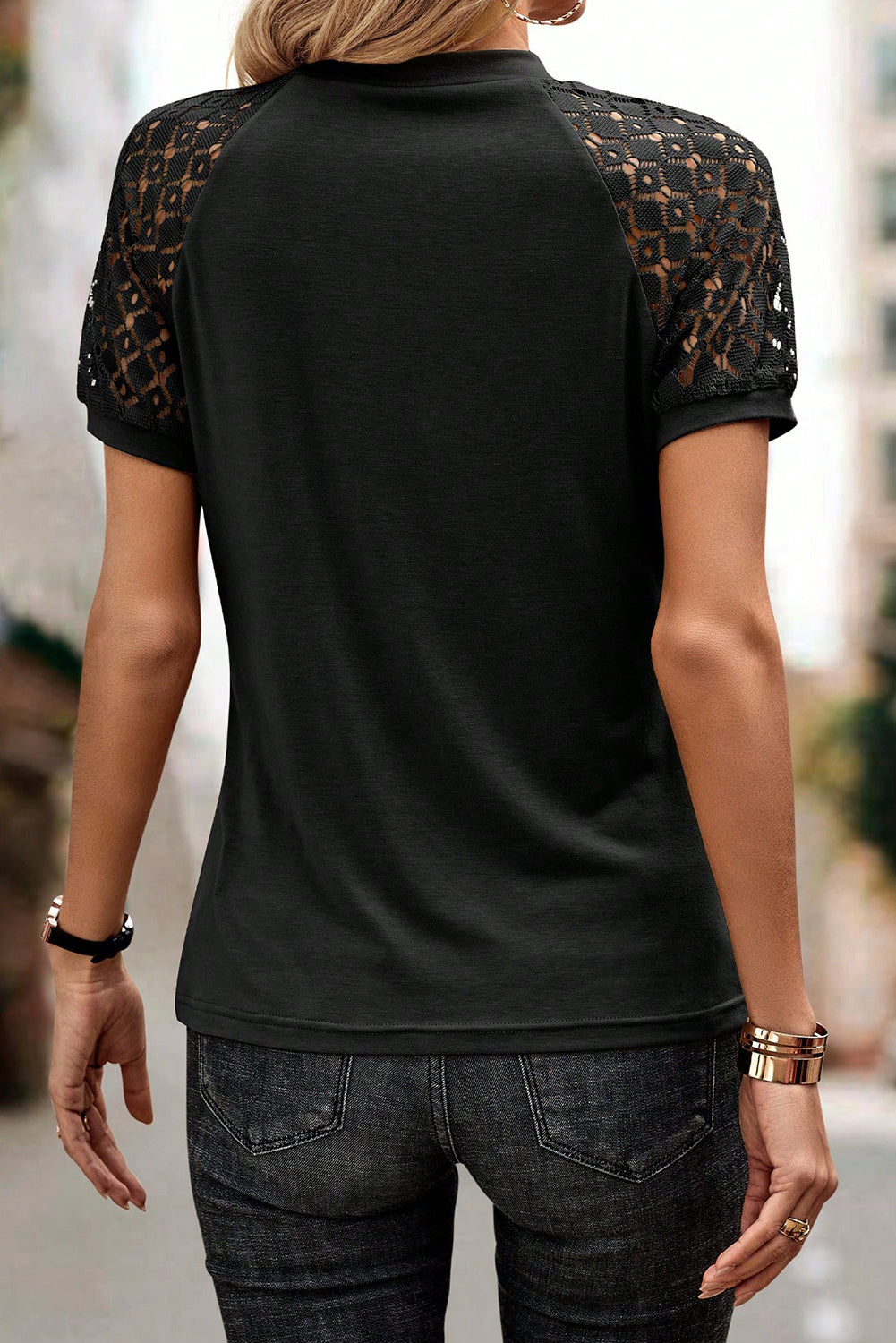 Black Seamed Detail Contrast Lace Raglan Sleeve Tee Pre Order Tops JT's Designer Fashion