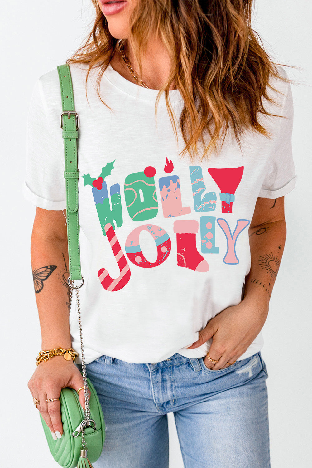 White HOLLY JOLLY Xmas Fashion Printed T-shirt Graphic Tees JT's Designer Fashion