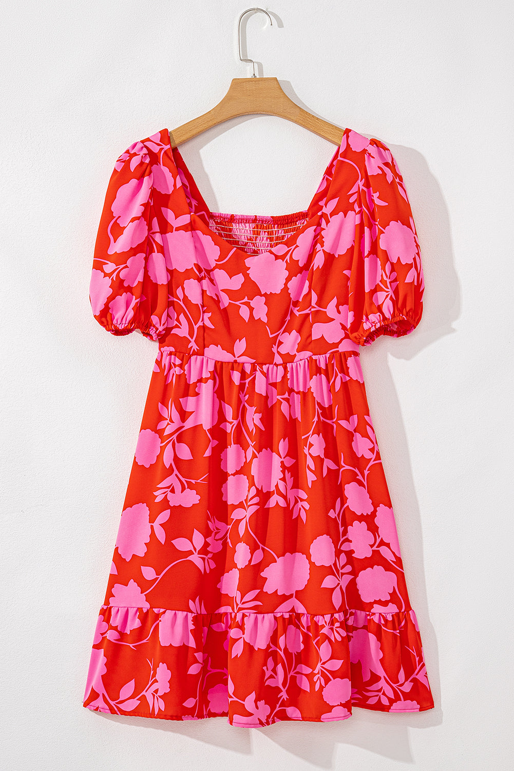 Red Floral Bubble Sleeve Sweetheart Neck Ruffled Mini Dress Floral Dresses JT's Designer Fashion