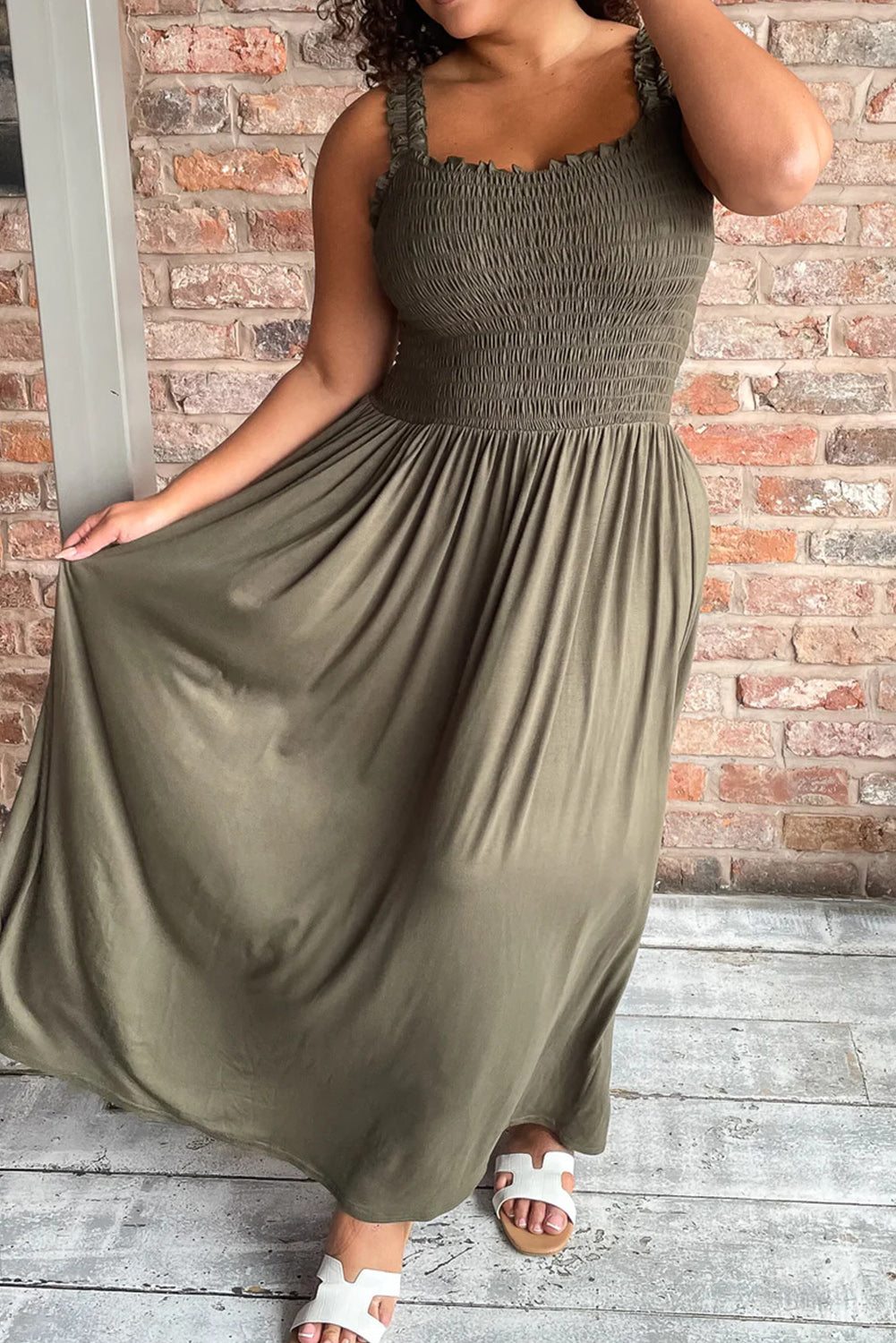 Jungle Green Shirred Bust Sleeveless Plus Size Maxi Dress Plus Size JT's Designer Fashion