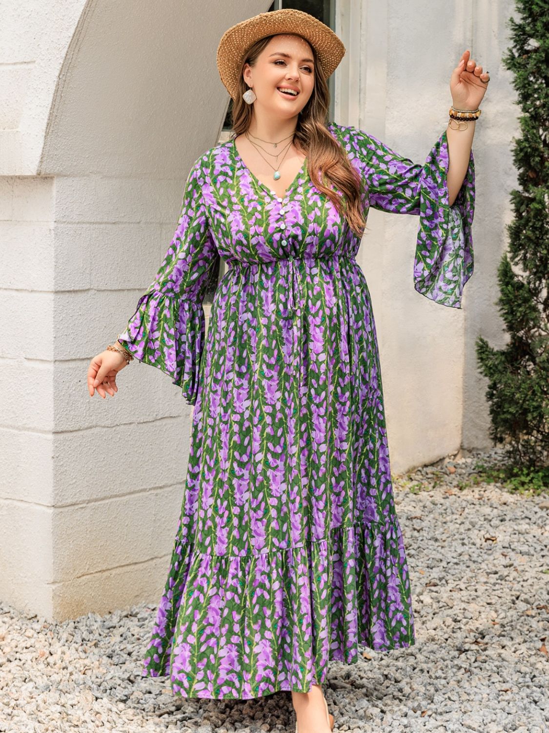 Plus Size Printed V-Neck Long Sleeve Maxi Dress Maxi Dresses JT's Designer Fashion