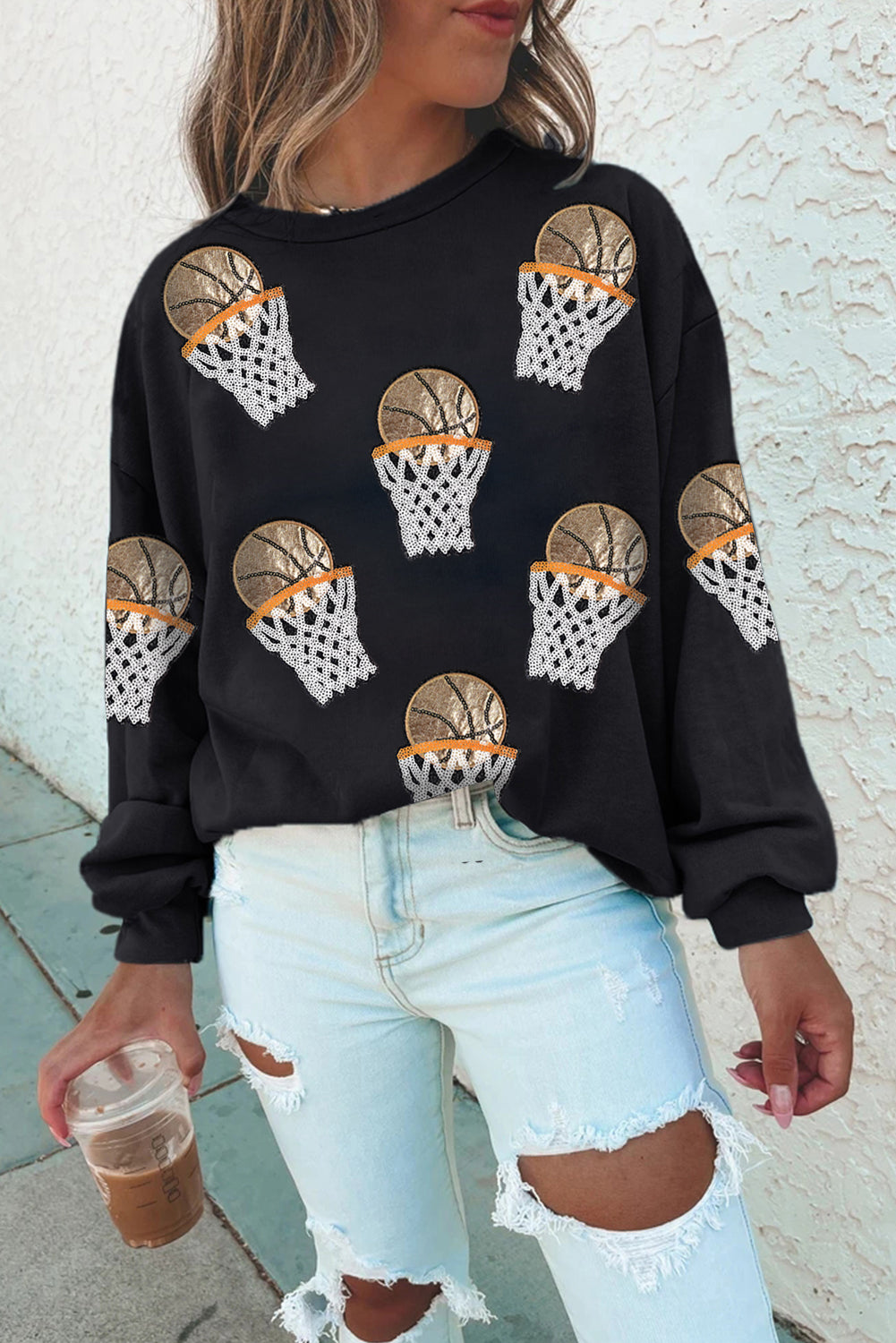 Black Basketball Patched Game Day Crew Neck Graphic Sweatshirt Black 50%Polyester+50%Cotton Graphic Sweatshirts JT's Designer Fashion