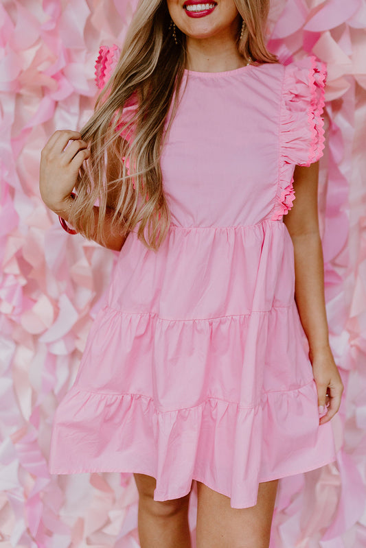 Pink Scalloped Flutter Sleeve Tiered Ruffled Mini Dress Dresses JT's Designer Fashion