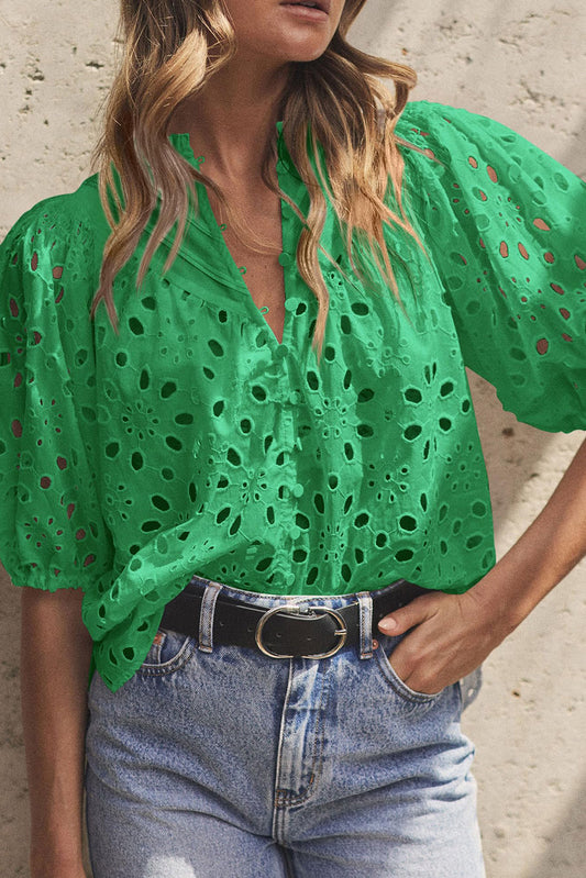 Green Hollow-out Flower Embroidered Short Puff Sleeve Blouse Tops & Tees JT's Designer Fashion