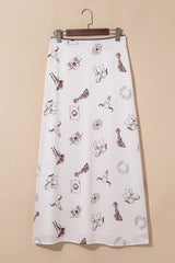 Beige Western Print Satin Long Skirt Pre Order Bottoms JT's Designer Fashion