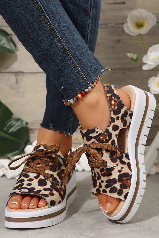 Parchment Leopard Print Hollow Out Lace-up Wedge Sandals Sandals JT's Designer Fashion