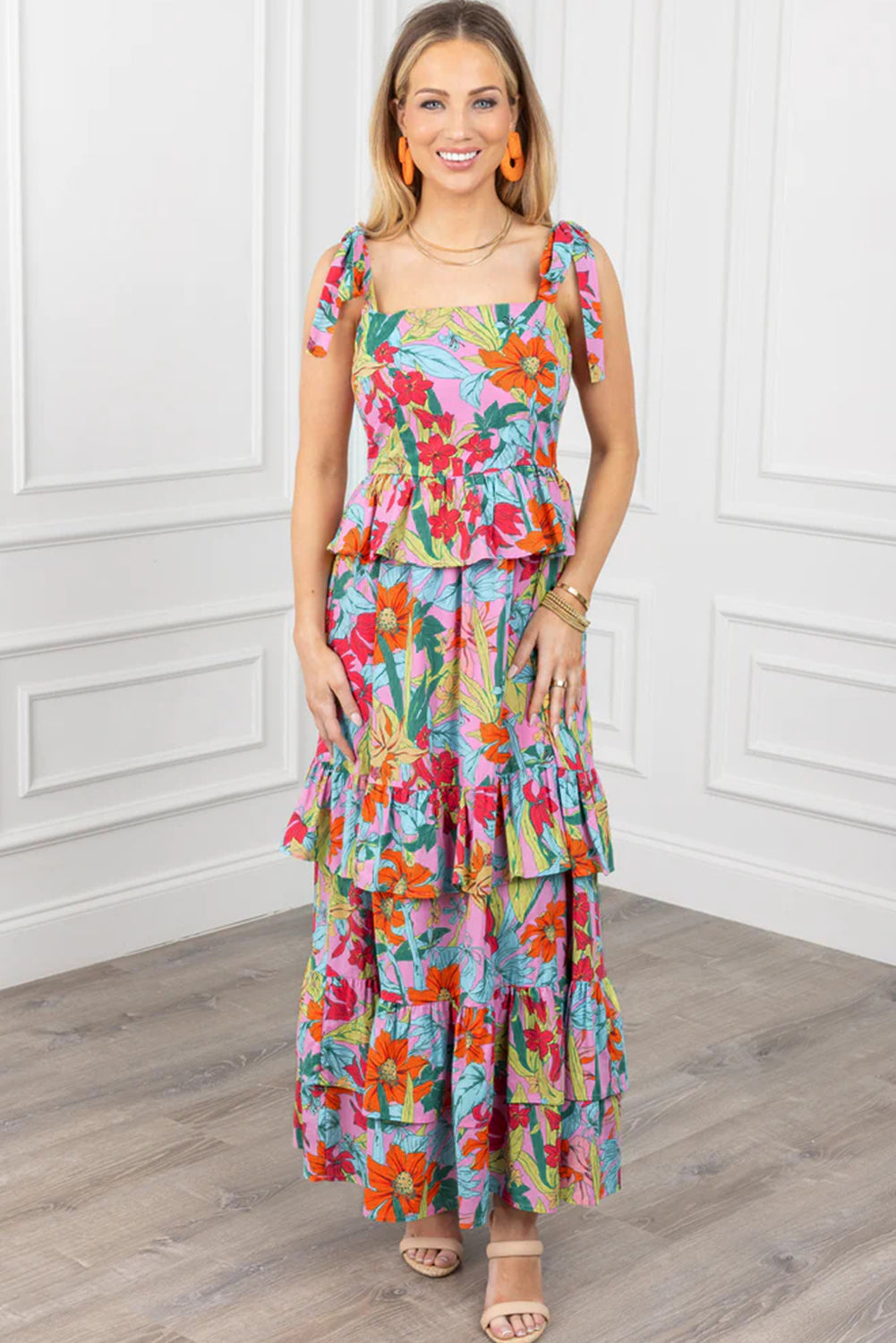 Multicolour Floral Print Shirred Backless Tiered Ruffled Maxi Dress Maxi Dresses JT's Designer Fashion