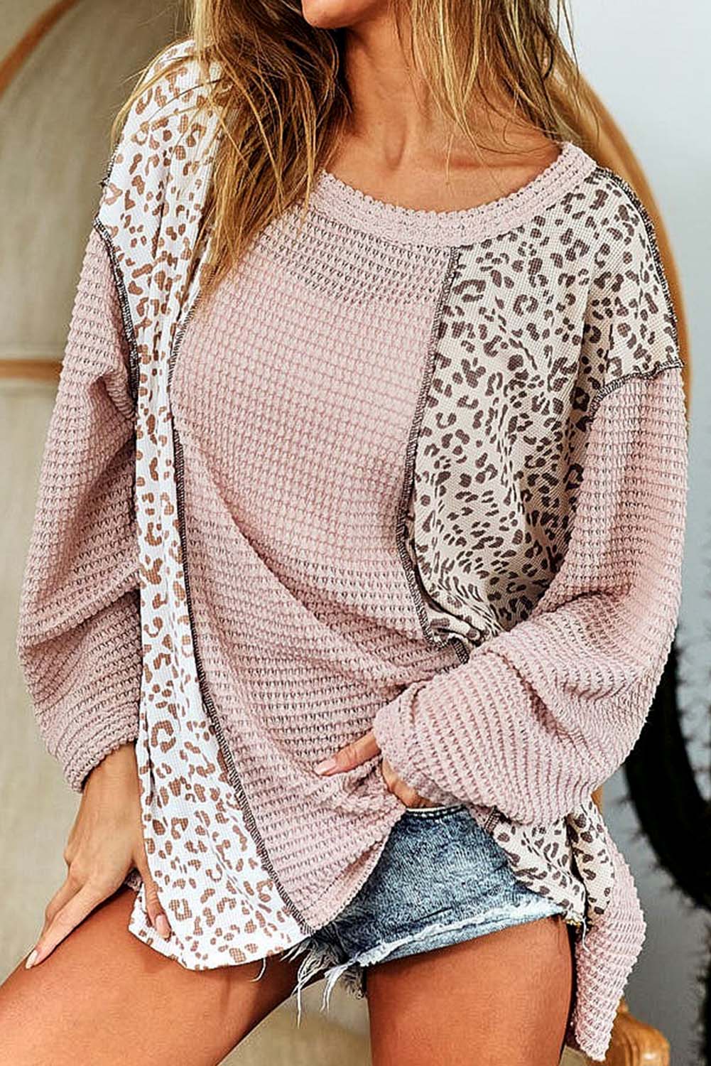 Pink Leopard Print Patch Textured Long Sleeve Top Long Sleeve Tops JT's Designer Fashion