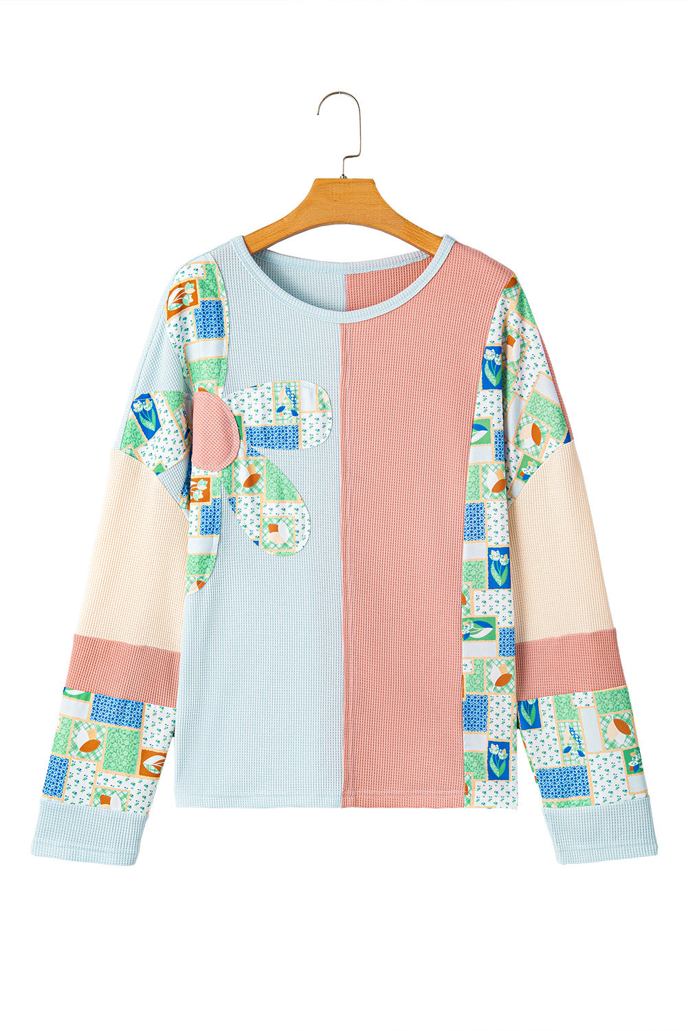 Rose Pink Floral Patchwork Waffle Color Block Pullover Top Long Sleeve Tops JT's Designer Fashion