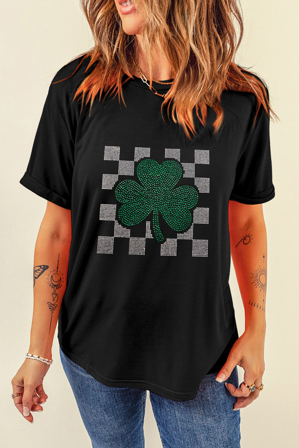 Black Clover Checkered Rhinestone Crew Neck T Shirt Graphic Tees JT's Designer Fashion