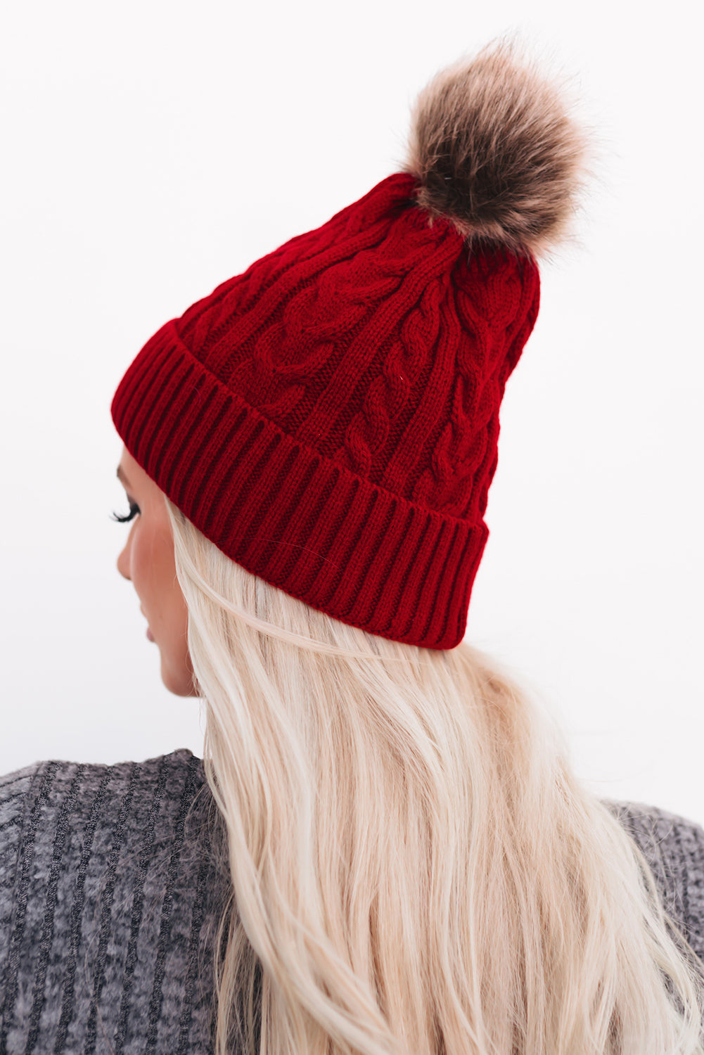 Red Cable Knit Furry Pompom Beanie Hats & Caps JT's Designer Fashion