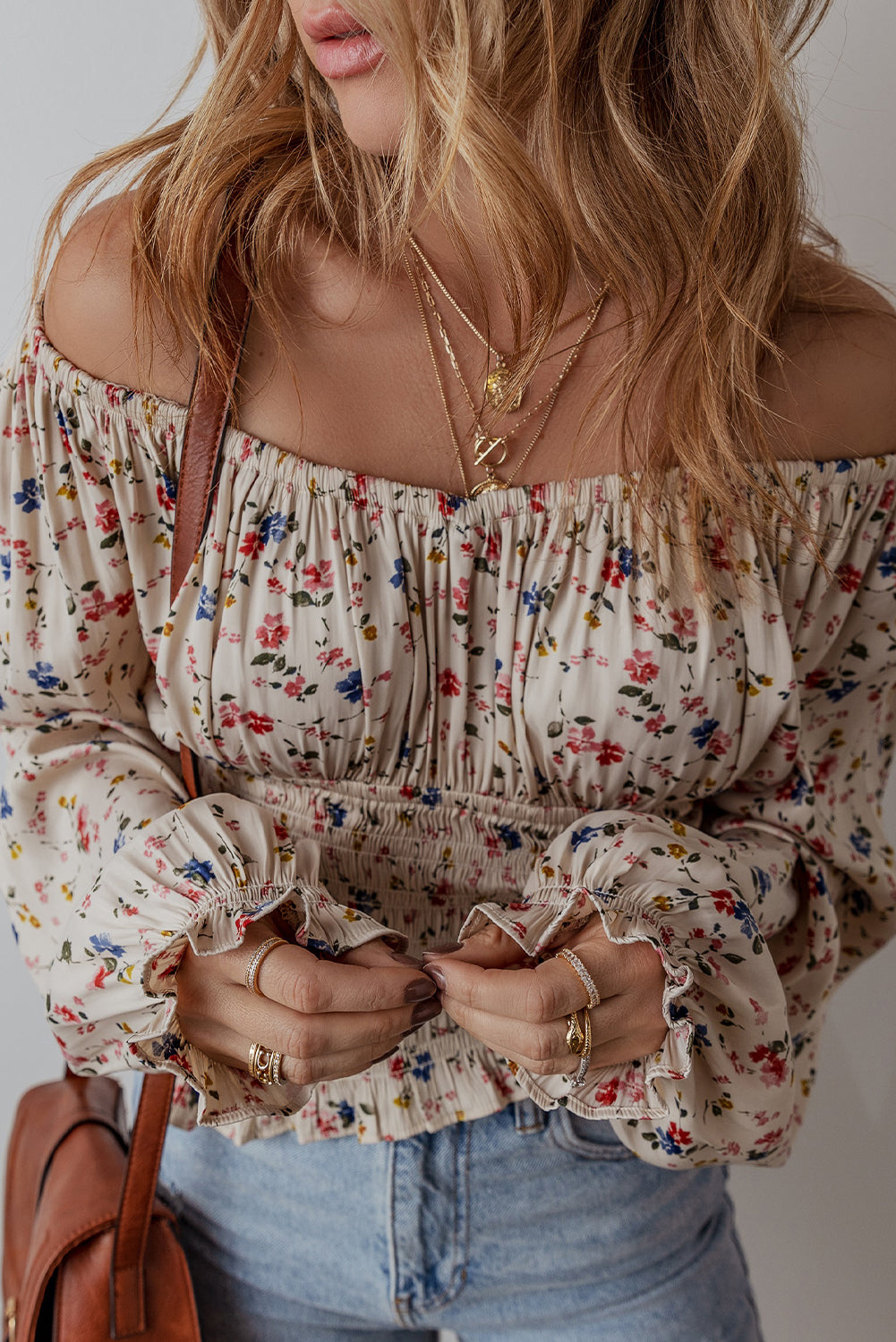 Beige Boho Floral Print Smocked Waist V Neck Blouse Blouses & Shirts JT's Designer Fashion