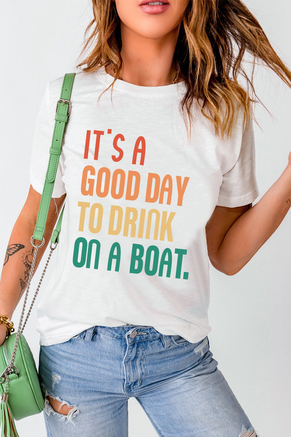 White IT'S A GOOD DAY TO DRINK ON A BOAT Slogan Graphic Tee Graphic Tees JT's Designer Fashion