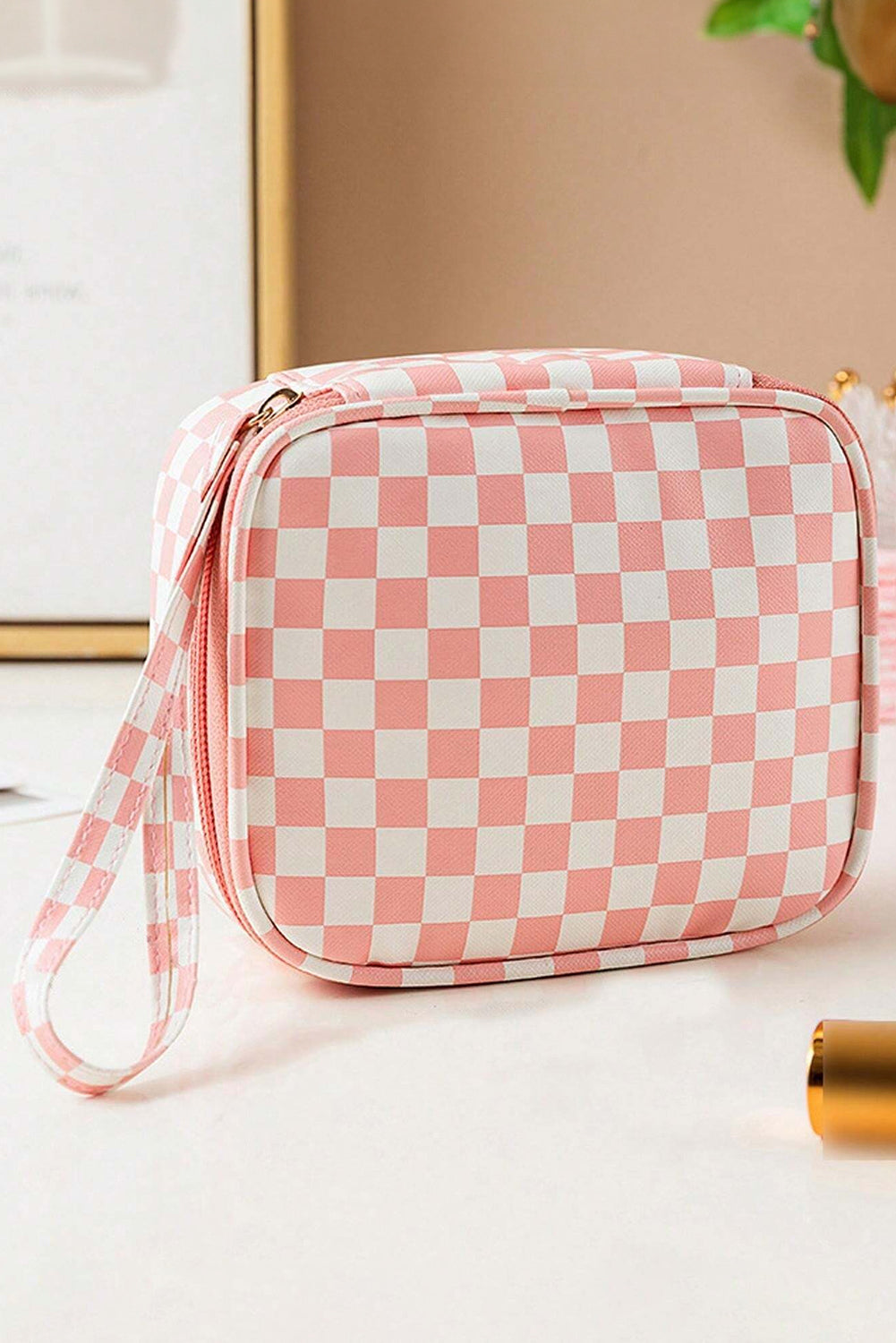 Light Pink Checkered Pattern Small Cosmetic Bag Makeup Bags JT's Designer Fashion