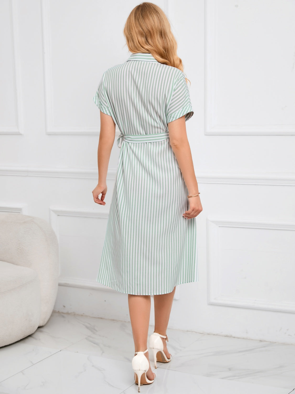 Striped Short Sleeve Tie Waist Midi Dress Midi Dresses JT's Designer Fashion