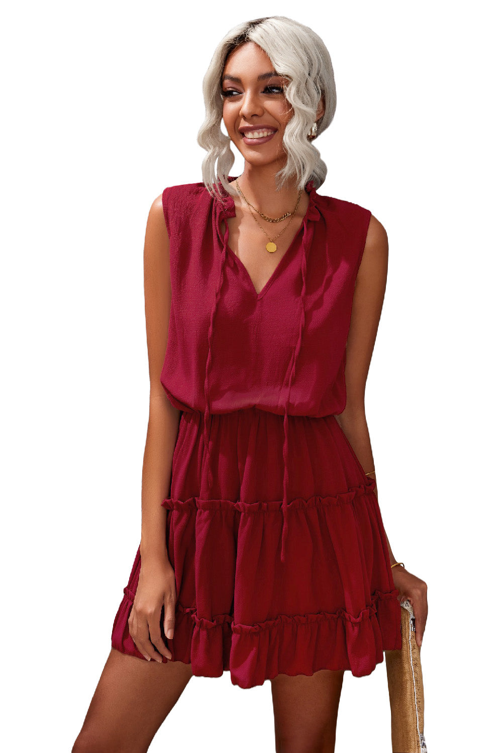 Wine Red Sleeveless V Neck Ruffled Swing Mini Dress Mini Dresses JT's Designer Fashion