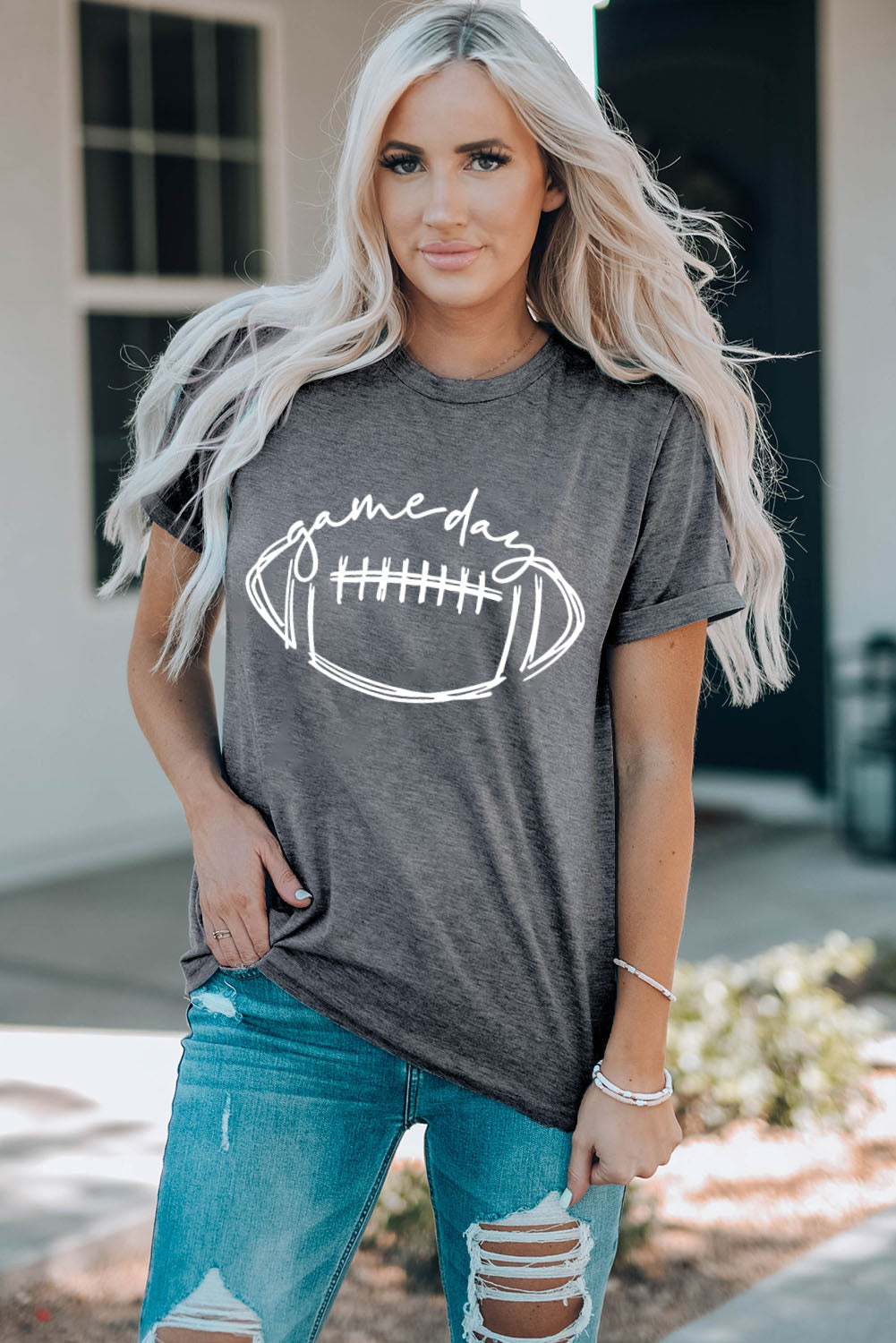 Gray Game Day Rugby Short Sleeve Graphic Tee Graphic Tees JT's Designer Fashion