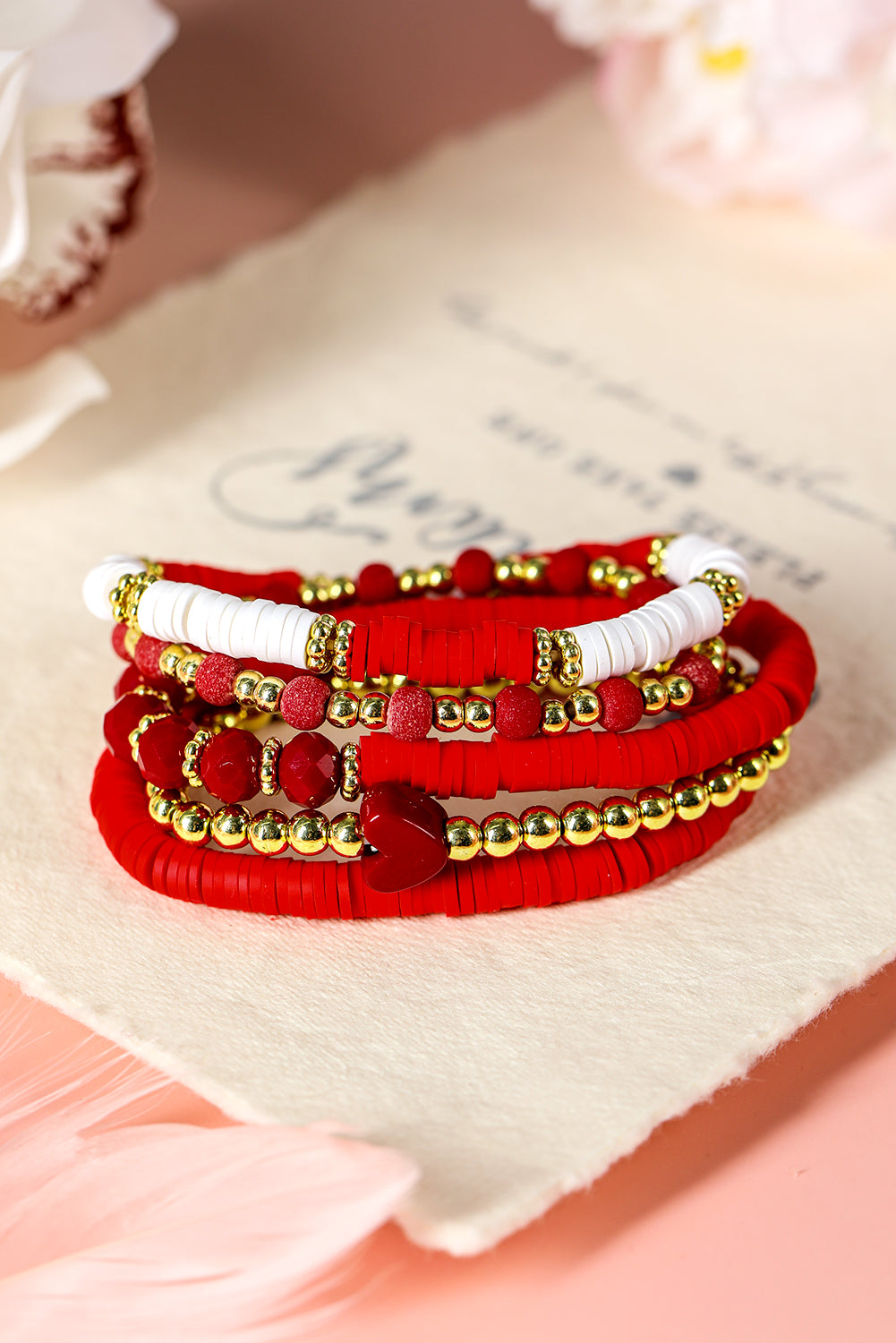 Fiery Red Heart Beaded Multi Layered Elastic Bracelet Set Jewelry JT's Designer Fashion