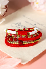 Fiery Red Heart Beaded Multi Layered Elastic Bracelet Set Jewelry JT's Designer Fashion