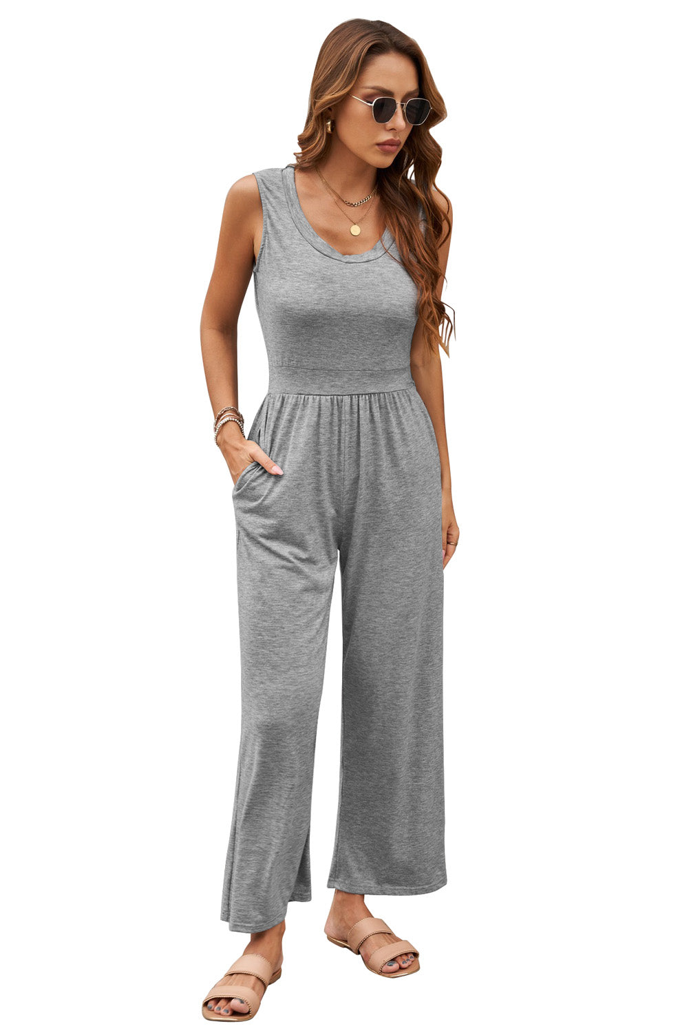 Gray Sleeveless Wide Leg Jumpsuit Jumpsuits & Rompers JT's Designer Fashion