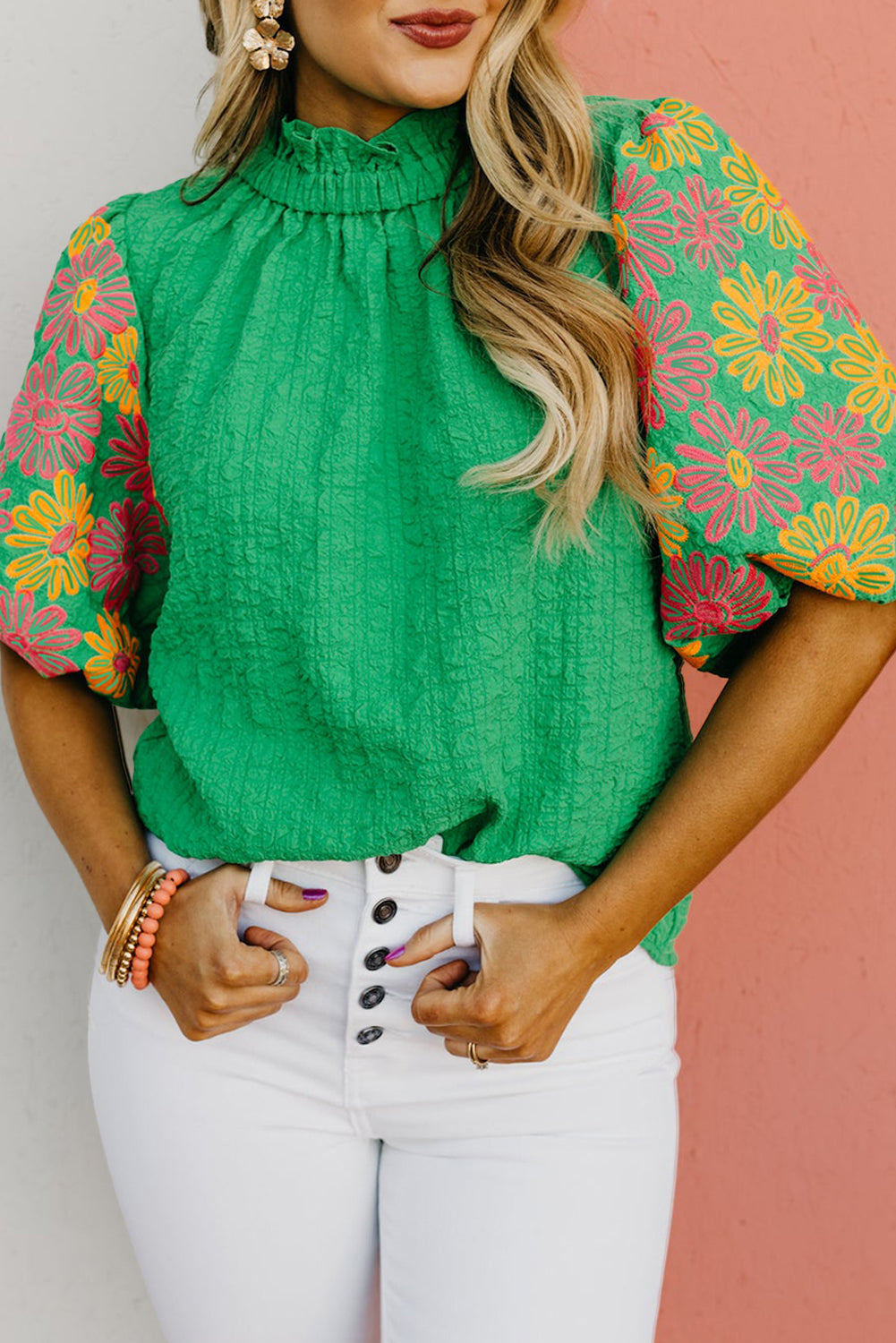 Bright Green Floral Puff Short Sleeve Ruffled Collar Button Back Top Blouses & Shirts JT's Designer Fashion