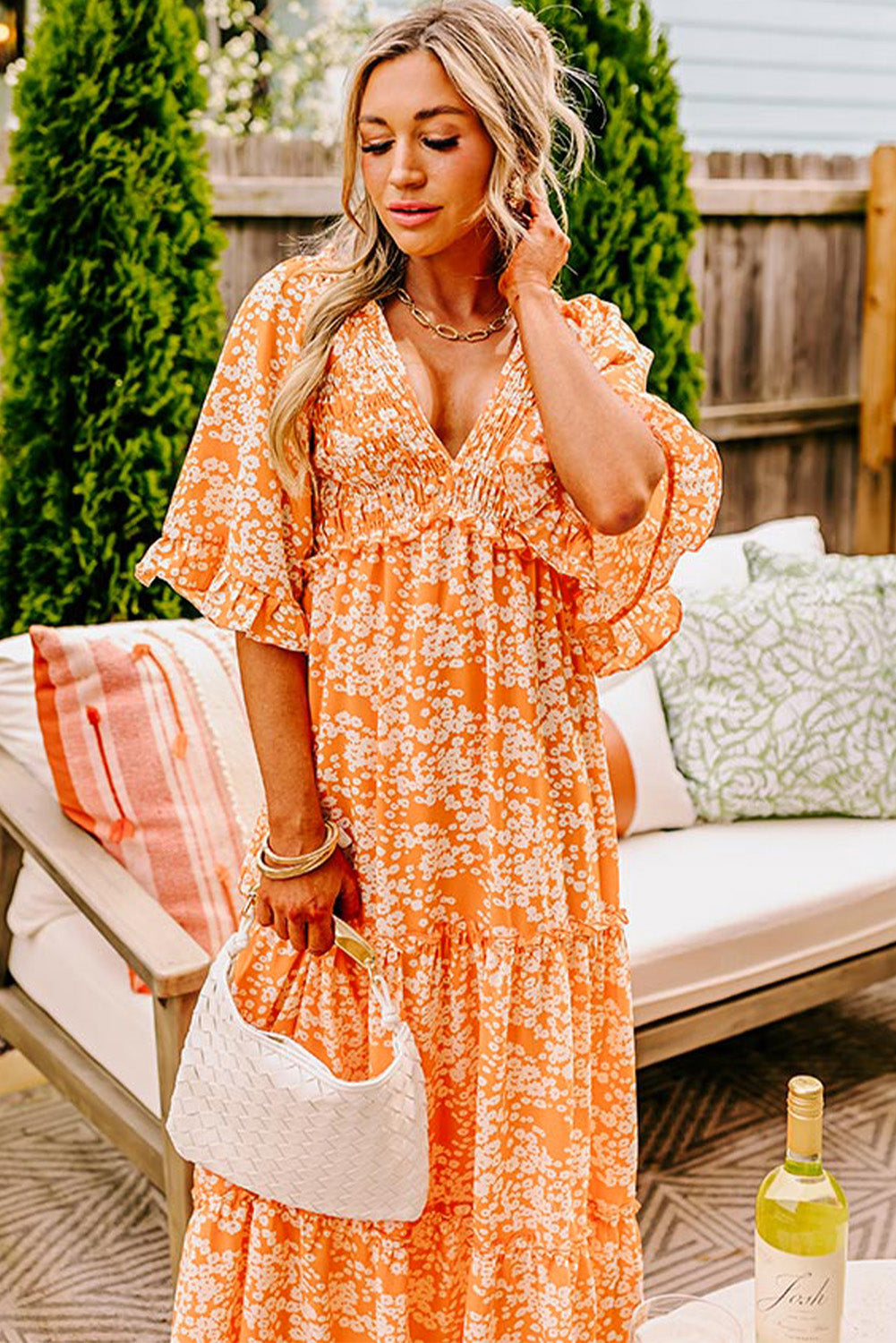 Orange Floral Print Smocked V Neck Wide Sleeve Maxi Dress Floral Dresses JT's Designer Fashion