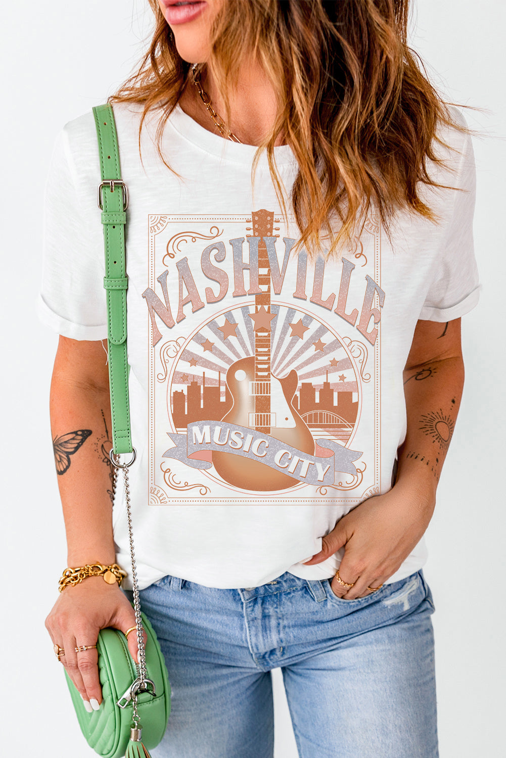 White MUSIC CITY NASHVILLE Graphic T Shirt Graphic Tees JT's Designer Fashion