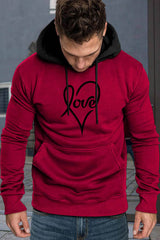 Fiery Red Valentine Love Heart Print Color Block Men's Pullover Hoodie Fiery Red Men's Tops JT's Designer Fashion