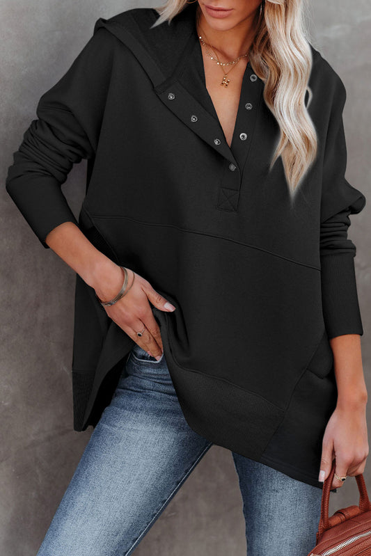 Black Batwing Sleeve Pocketed Henley Hoodie Sweatshirts & Hoodies JT's Designer Fashion