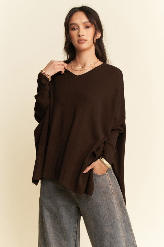 Davi & Dani High-Low Side Slit Batwing Sleeve Top Chocolate Long Sleeve Tops JT's Designer Fashion