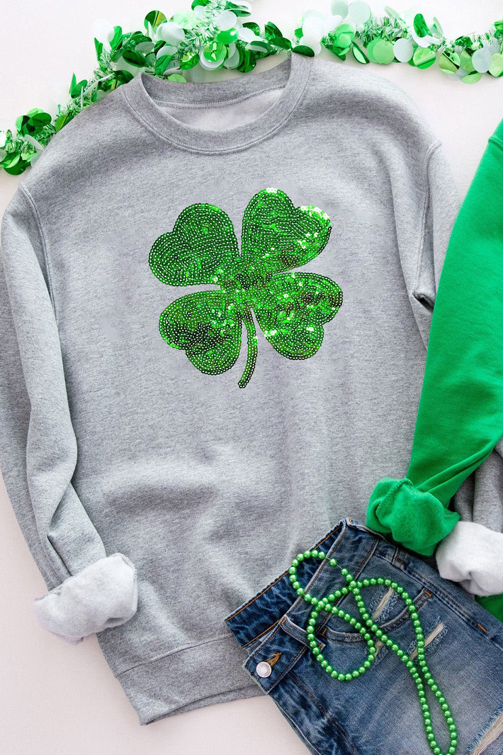 Gray Sequined Clover Patch St Patrick Fashion Sweatshirt Gray 70%Polyester+30%Cotton Graphic Sweatshirts JT's Designer Fashion