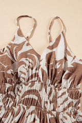 Khaki Floral Shirred High Waist Spaghetti Straps Maxi Dress Floral Dresses JT's Designer Fashion