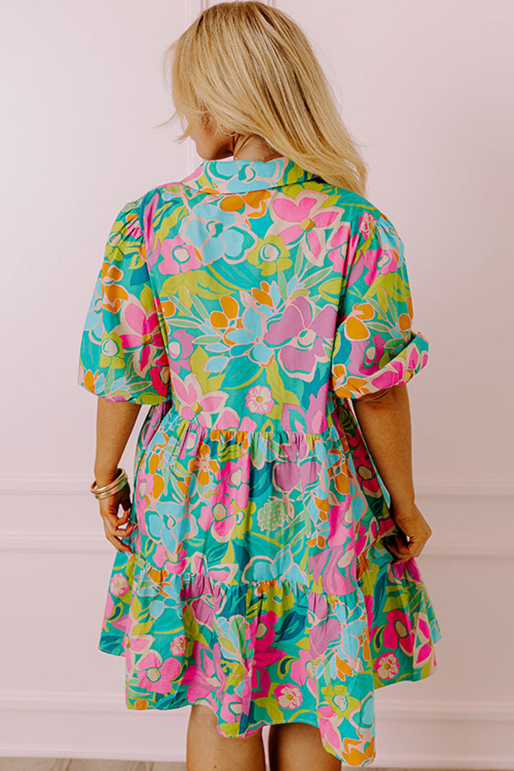 Green Plus Floral Print Puff Sleeve Tiered Shirt Dress Pre Order Plus Size JT's Designer Fashion