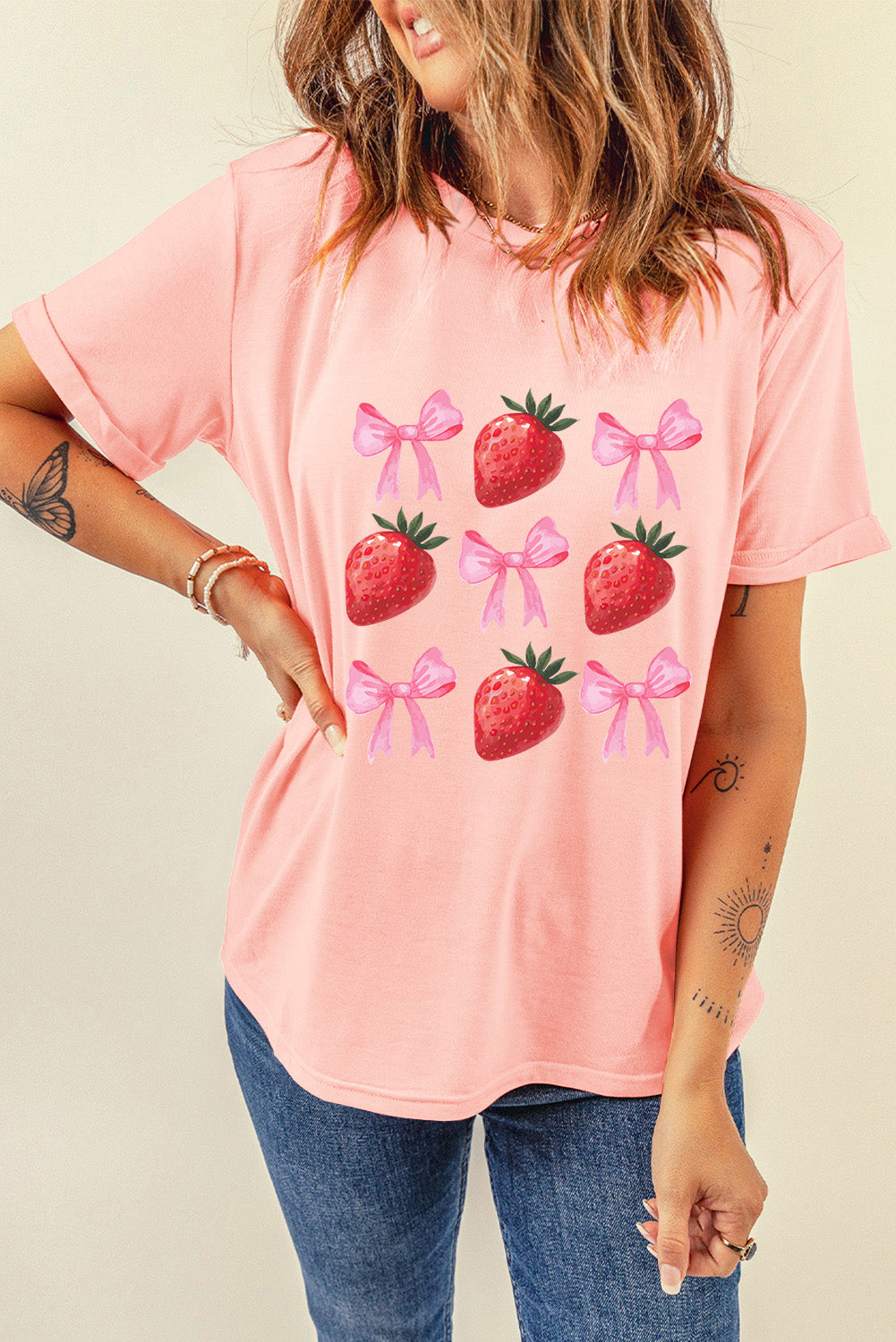 Pink Strawberry & Bowknot Graphic T Shirt Graphic Tees JT's Designer Fashion