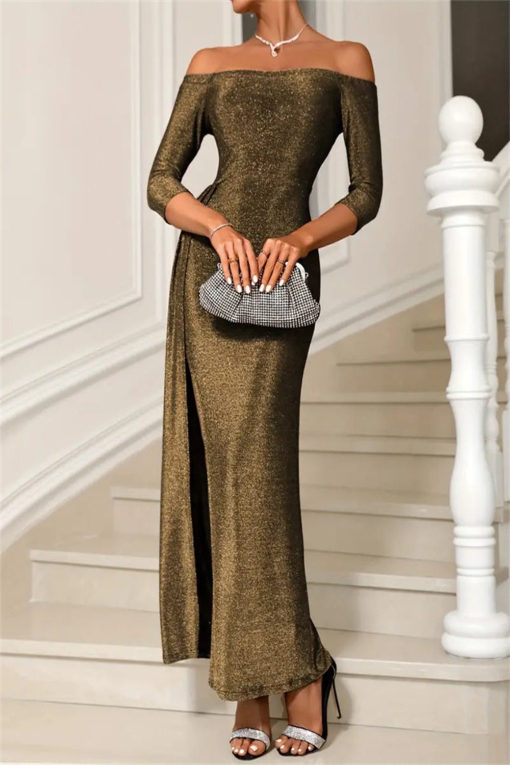 Slit Off-Shoulder Long Sleeve Midi Dress Gold Midi Dresses JT's Designer Fashion