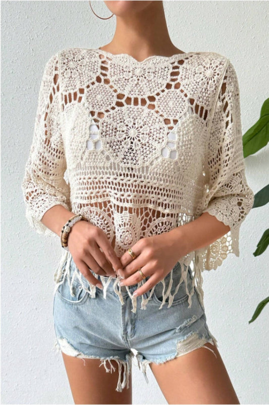 Openwork Round Neck Cover-Up Dust Storm One Size Beach Cover-ups JT's Designer Fashion