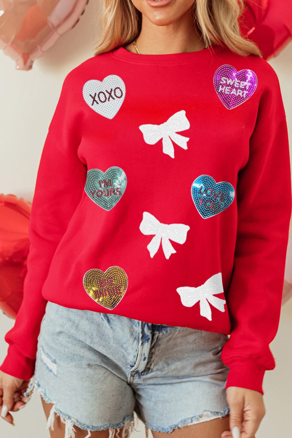 Valentine’s Day Sequin Bow Heart Round Neck Sweatshirt Long Sleeve Tops JT's Designer Fashion