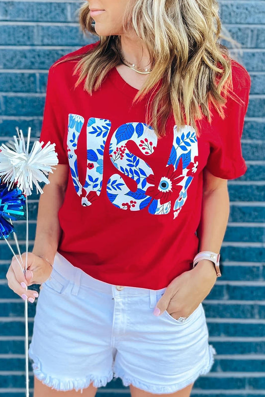 Red USA Flower Print Round Neck T Shirt Graphic Tees JT's Designer Fashion