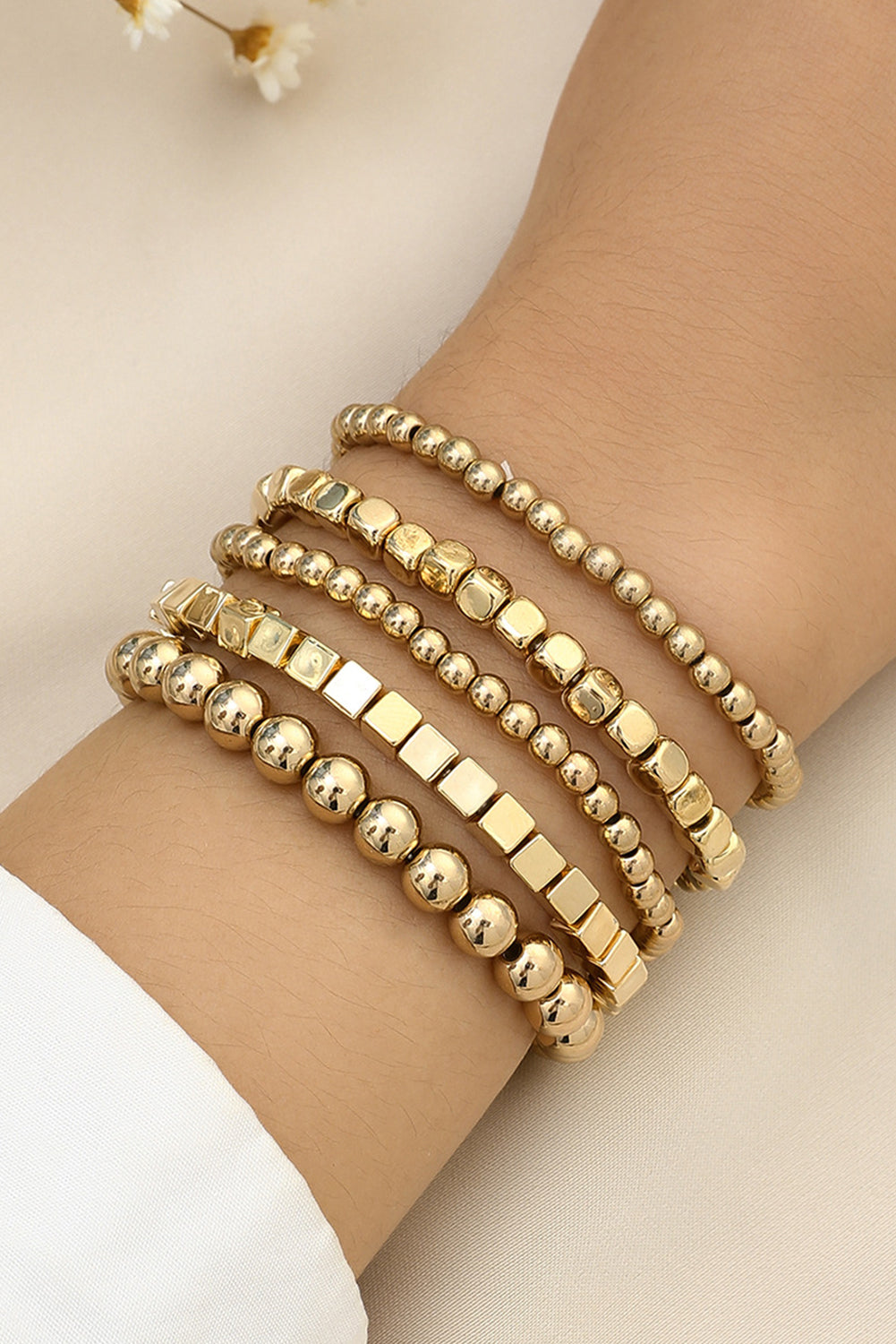 Gold Plated Cube Beaded 5 Pcs Bracelet Set Jewelry JT's Designer Fashion