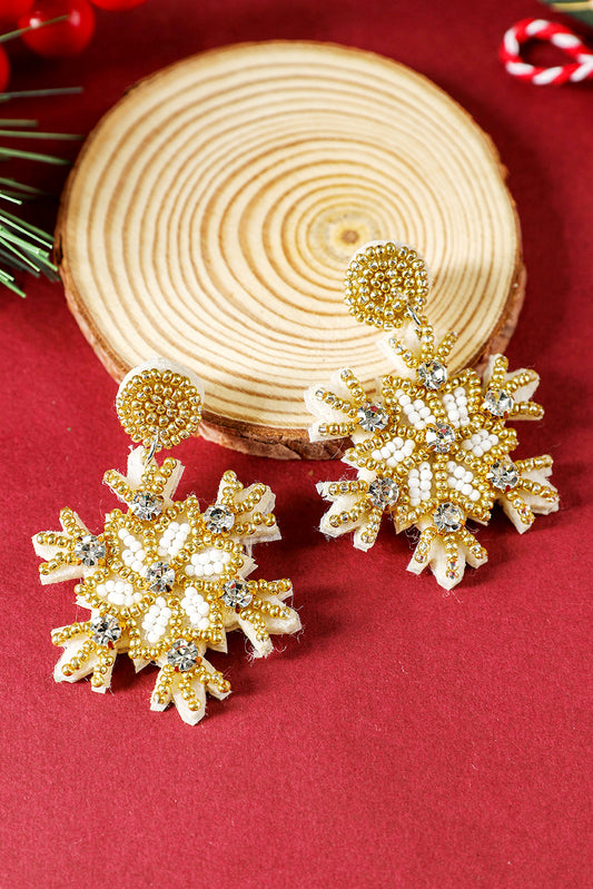 Gold Christmas Snowflake Rhinestone Rice Beaded Drop Earrings Jewelry JT's Designer Fashion