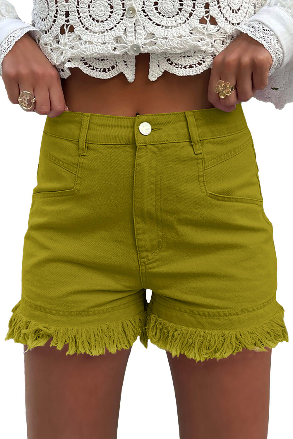 Spinach Green Frayed Edge Mid Rise Denim Shorts Pre Order Bottoms JT's Designer Fashion