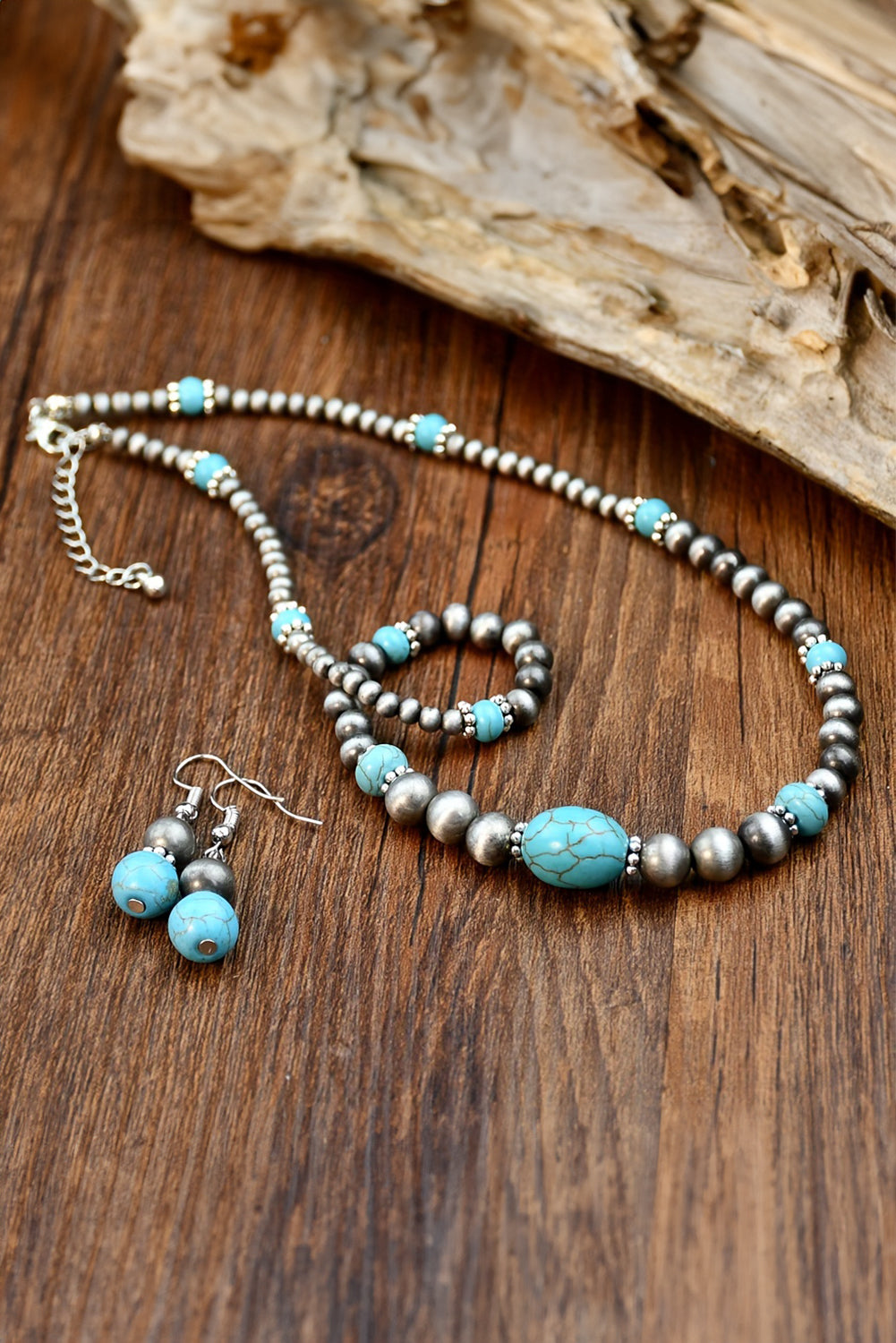 Silvery Western Turquoise Beaded Necklace and Earring Set Jewelry JT's Designer Fashion