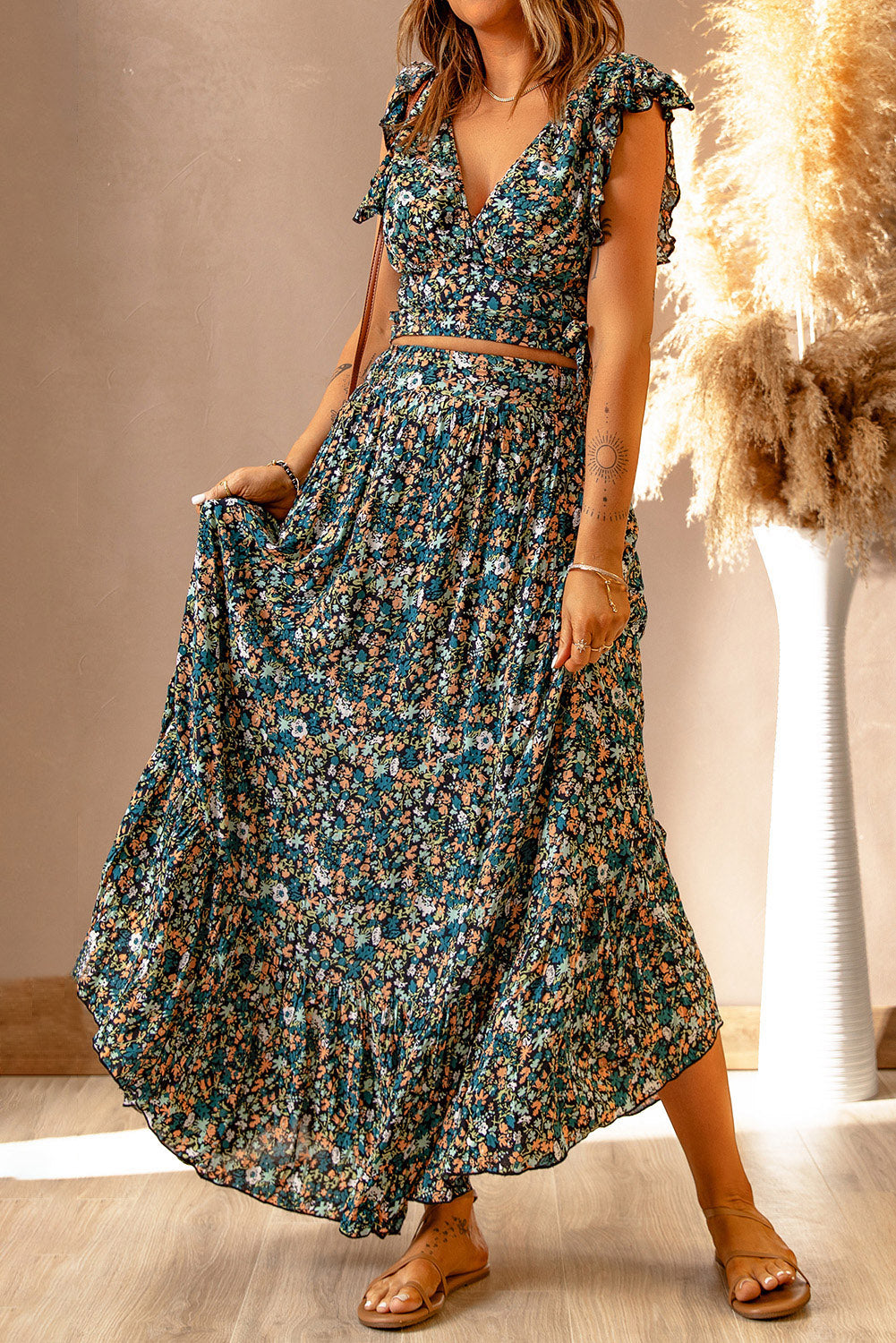 Multicolor Floral Ruffled Crop Top and Maxi Skirt Set Two Piece Dresses JT's Designer Fashion