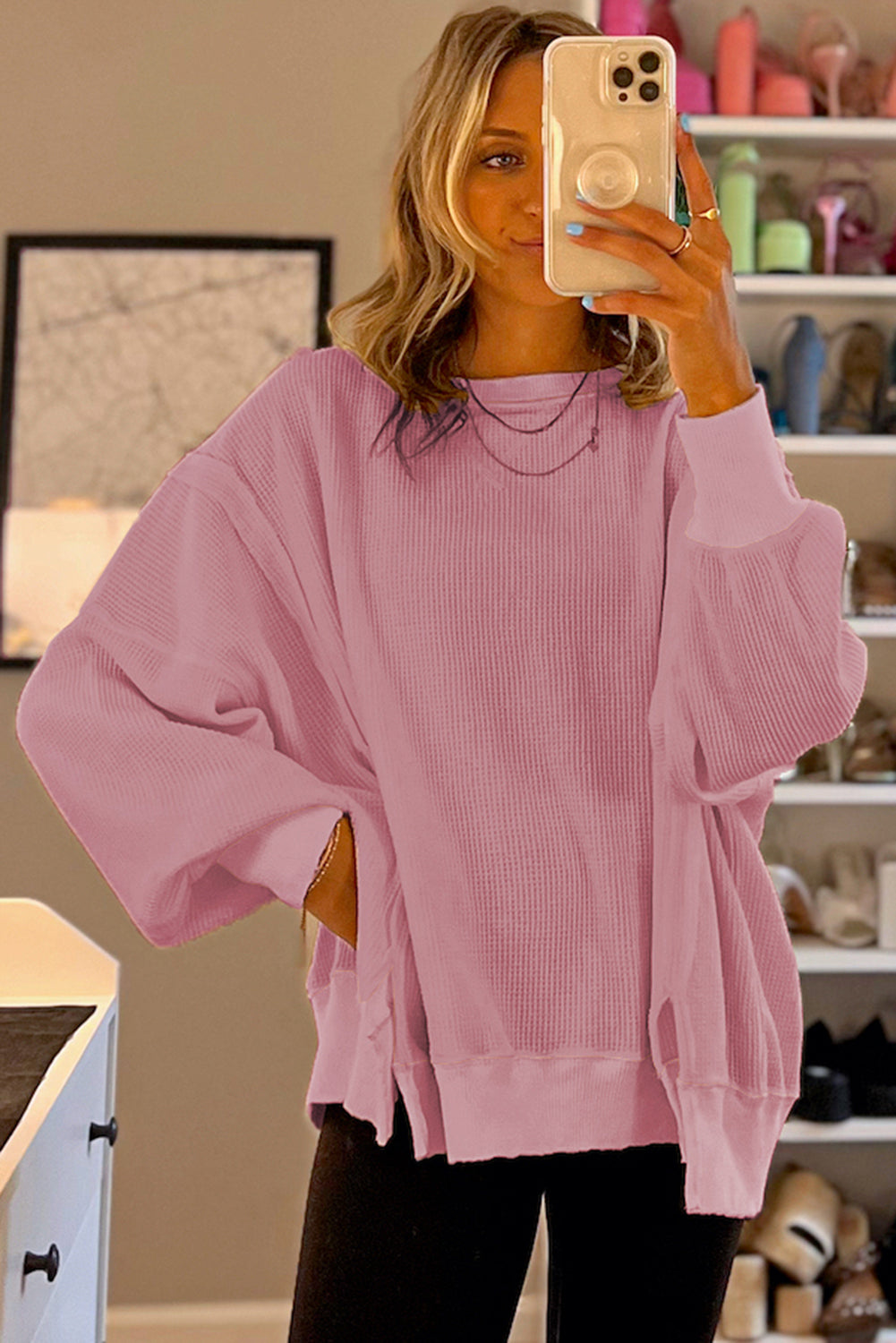 Pink Waffle Knit Bishop Sleeve Split Oversized Sweatshirt Sweatshirts & Hoodies JT's Designer Fashion