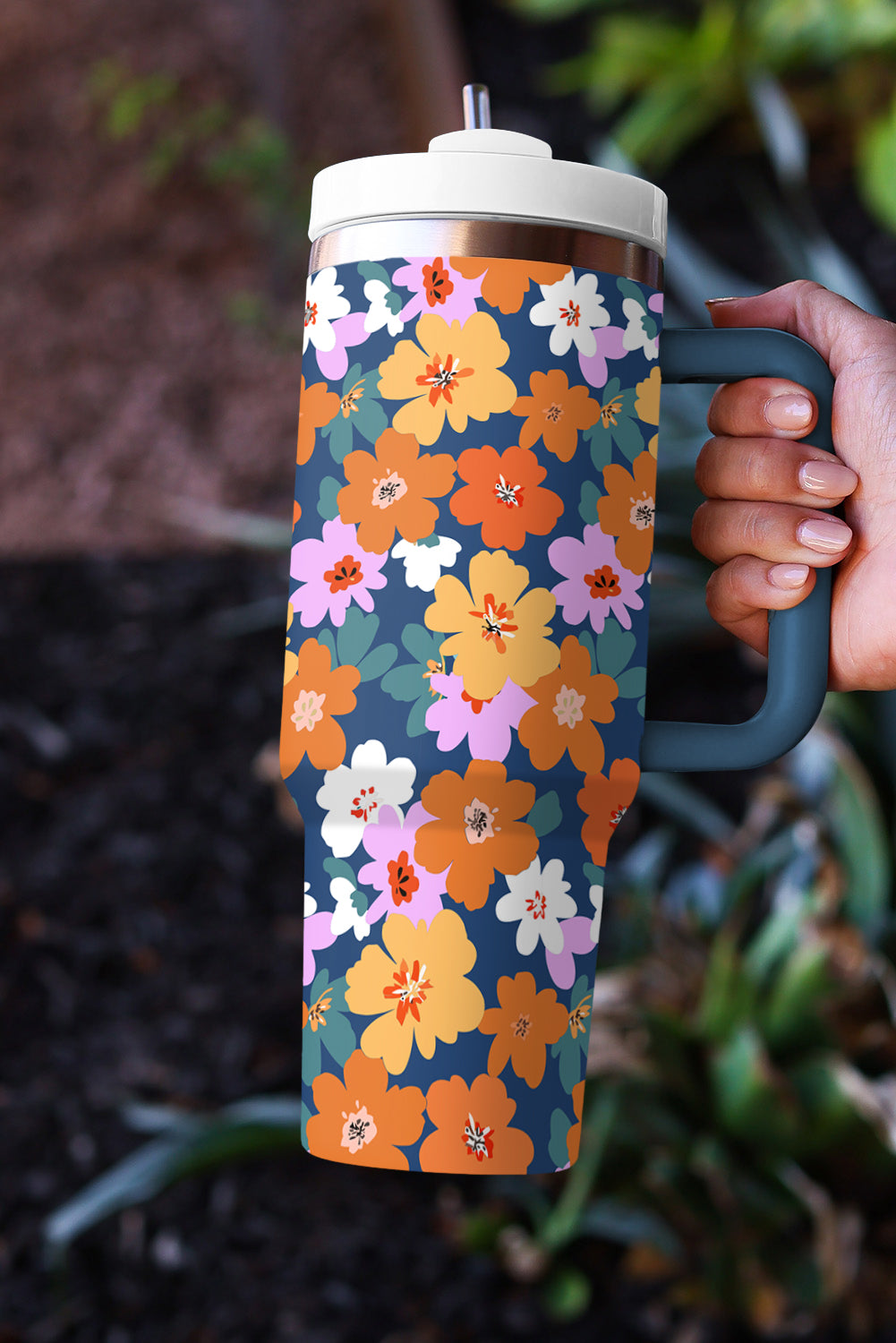 Ashleigh Blue Flower Print Handle Large Thermal Tumbler 40oz Tumblers JT's Designer Fashion
