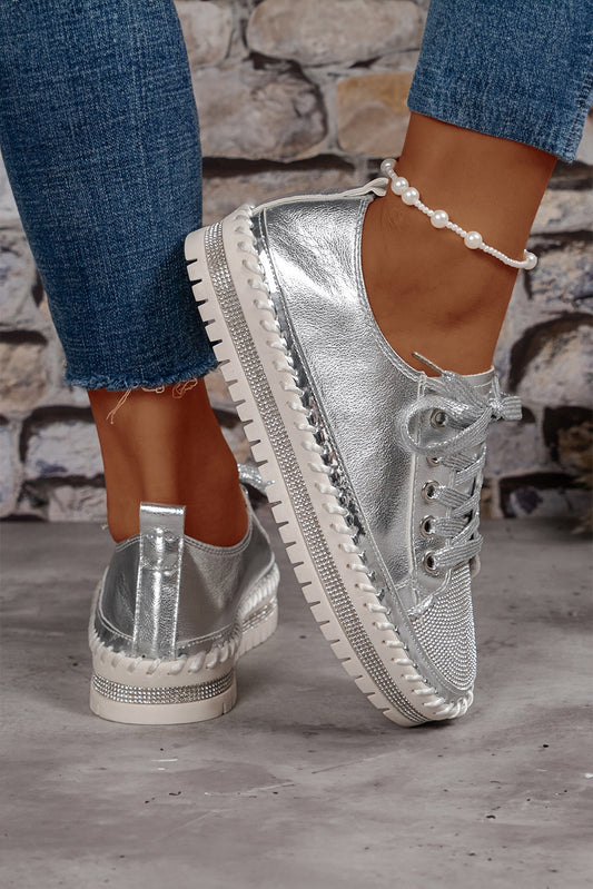 Silvery Rhinestone Metallic Sheen Lace-up Flat Shoes Women's Shoes JT's Designer Fashion