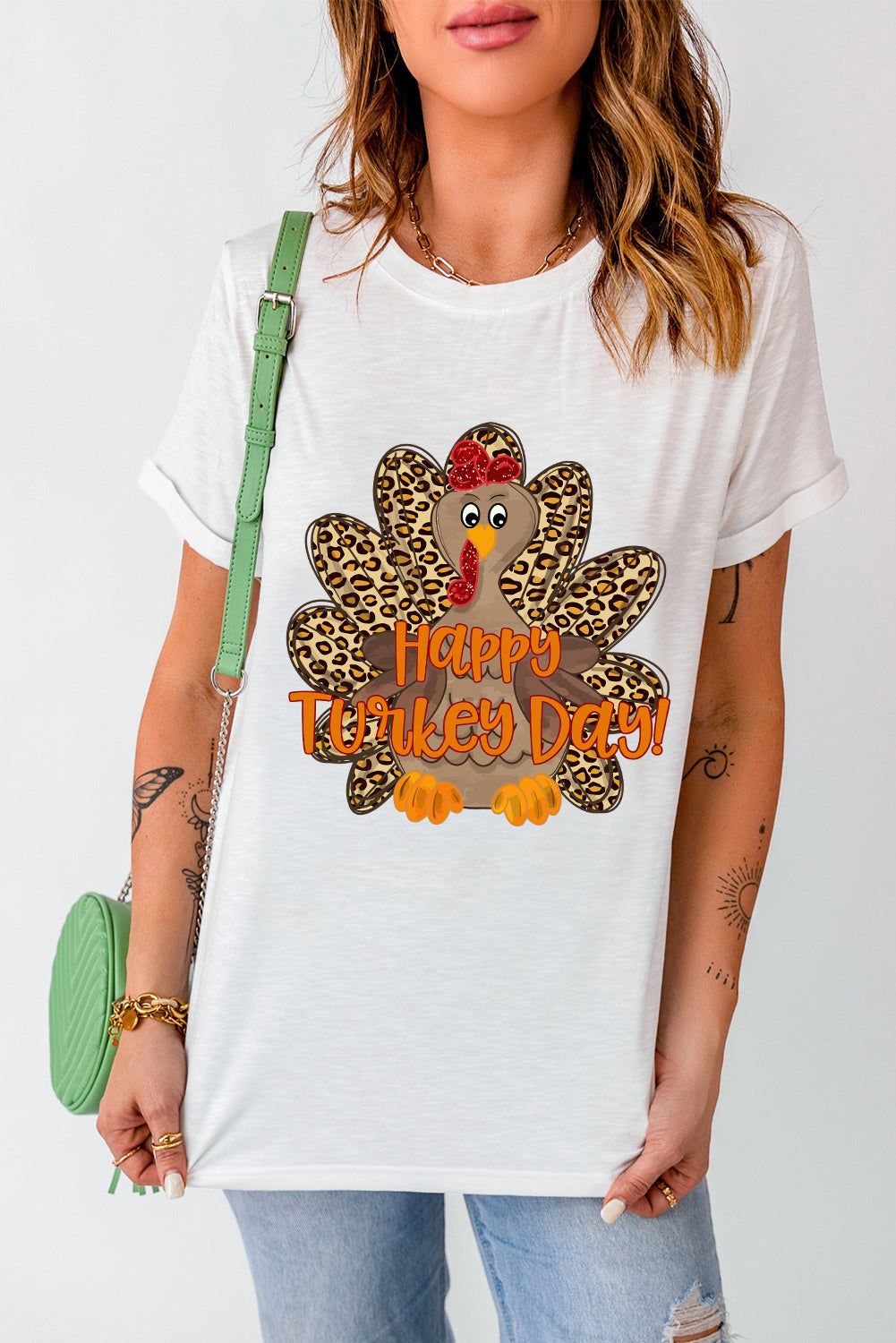 White Happy Turkey Day Leopard Print Crew Neck Loose T Shirt Graphic Tees JT's Designer Fashion