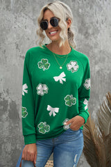 Green Sequin Bow Clover Graphic Pullover Sweatshirt Graphic Sweatshirts JT's Designer Fashion